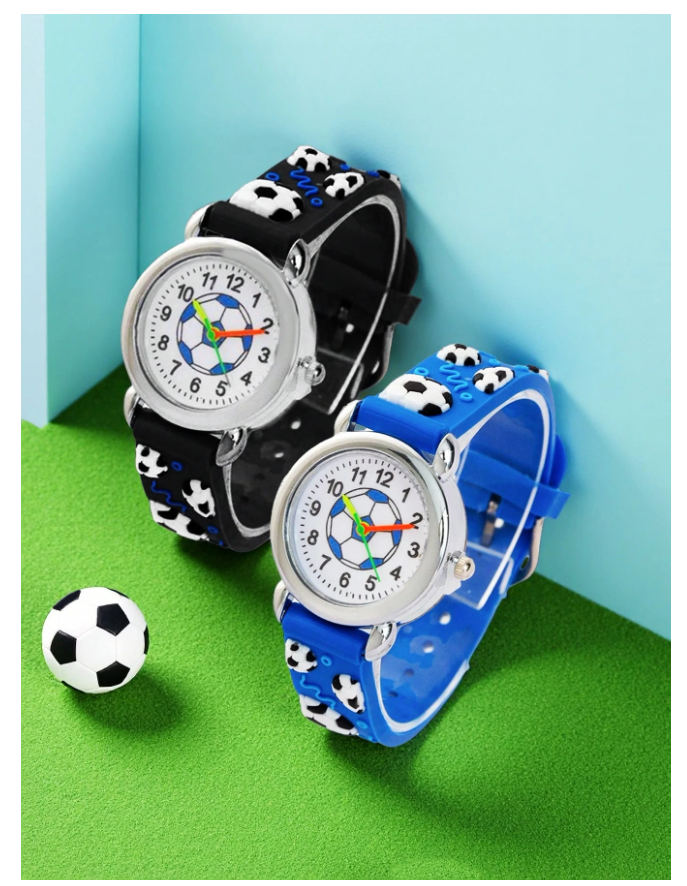 2pcs Sports Football Pattern Quartz Watches - Black & Blue, Suitable For School, Outdoor, Casual