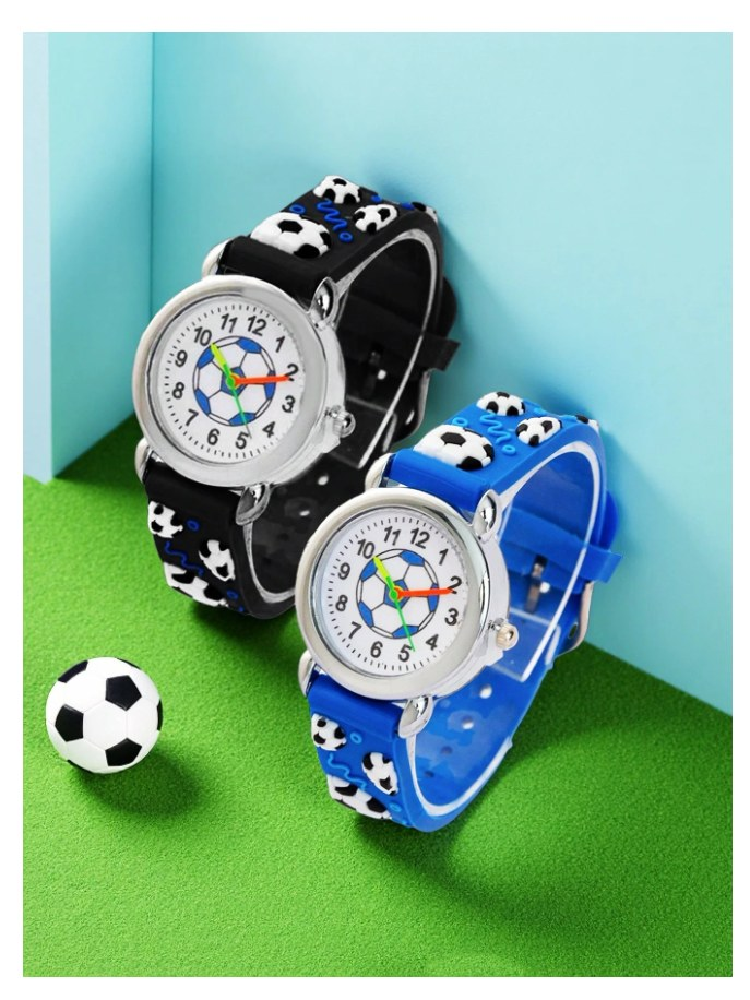 2pcs Sports Football Pattern Quartz Watches - Black & Blue, Suitable For School, Outdoor, Casual