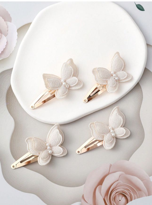 4pcs Pearl Butterfly Hair Clips, 3D Side Bangs Clips, French Elegant Hair Accessories, Versatile Photo Props