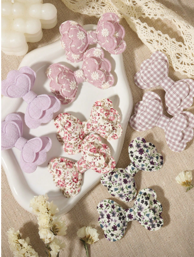 10pcs/Set Colorful Floral Print Grid Bow Hair Clips, Fashion Hair Accessory Set