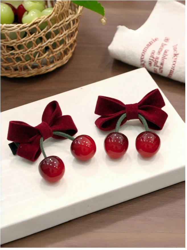 2pcs Vintage Velvet Bow Cherry Hair Clips For Girls, Cute Side Clips For Braiding Hair