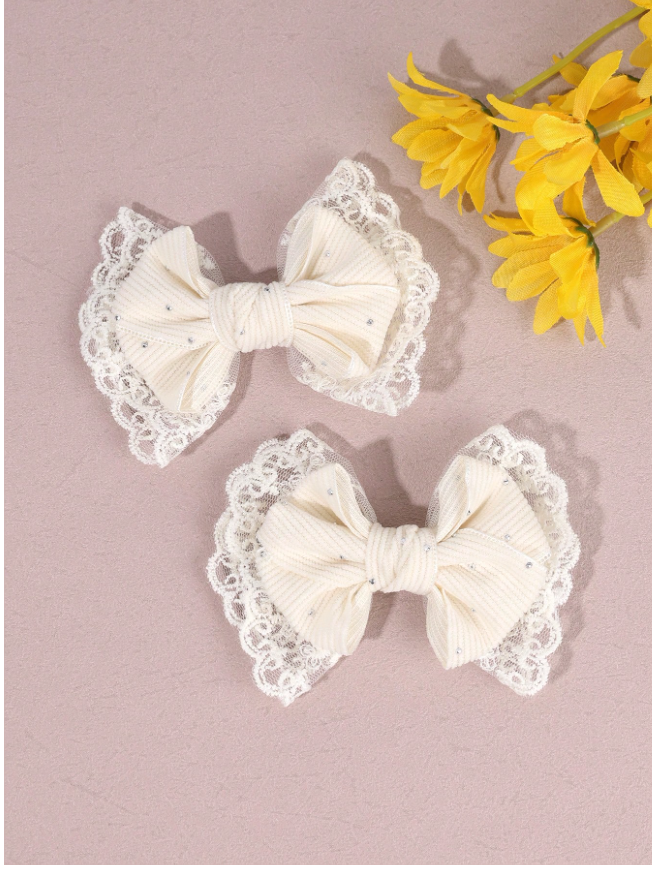 2pcs Beige Girls Hair Clips, Solid Color Corduroy Lace Bow With Rhinestones Elegant Hair Clips, Suitable For Daily And Party, Children Hair Accessories