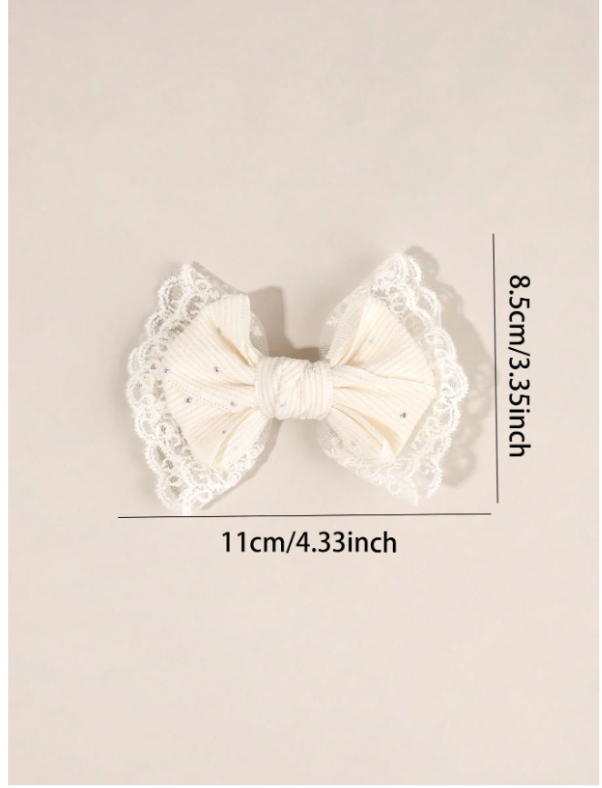 2pcs Beige Girls Hair Clips, Solid Color Corduroy Lace Bow With Rhinestones Elegant Hair Clips, Suitable For Daily And Party, Children Hair Accessories