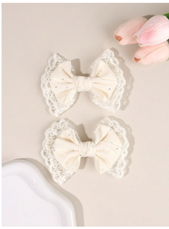 2pcs Beige Girls Hair Clips, Solid Color Corduroy Lace Bow With Rhinestones Elegant Hair Clips, Suitable For Daily And Party, Children Hair Accessories