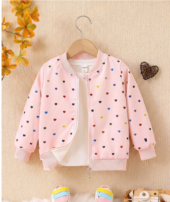 Young Girl Heart Print Bomber Jacket