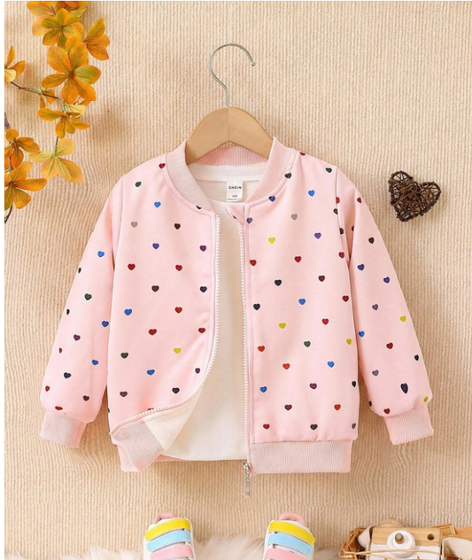 Young Girl Heart Print Bomber Jacket
