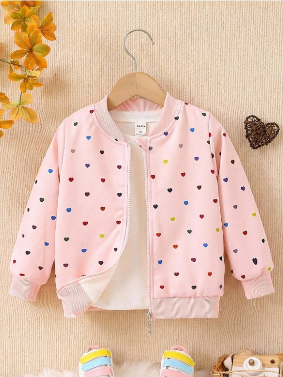 Young Girl Heart Print Bomber Jacket