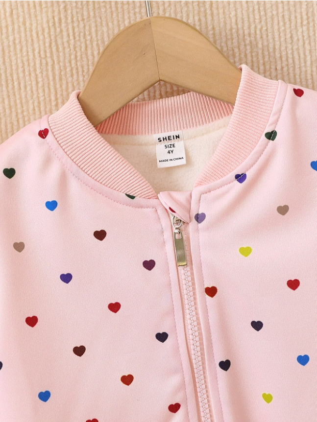 Young Girl Heart Print Bomber Jacket