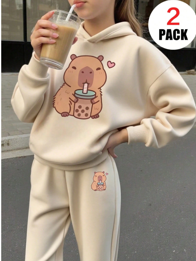 2pcs/Set Girls Cute Guinea Pig Print Thermal Lined Hoodie Sweatshirt & Pants Set, Warm Autumn/Winter Children Outfit - Soft & Comfortable Tween Girl Hooded Sweatshirt To Showcase Their Personalized