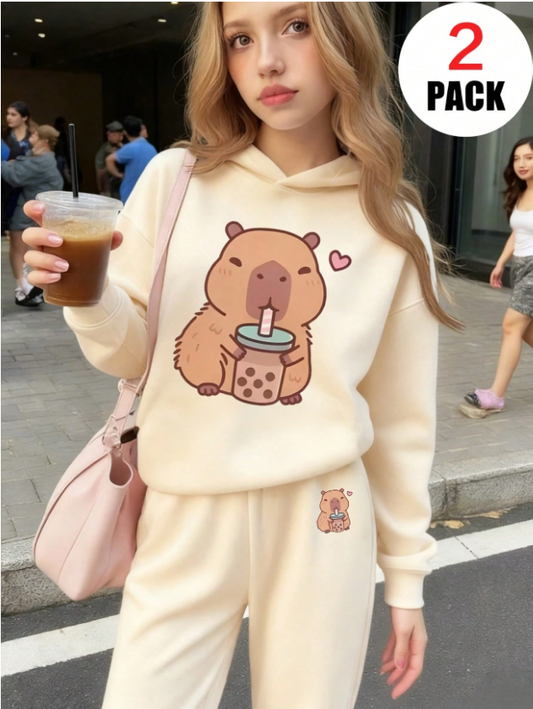 2pcs/Set Girls Cute Guinea Pig Print Thermal Lined Hoodie Sweatshirt & Pants Set, Warm Autumn/Winter Children Outfit - Soft & Comfortable Tween Girl Hooded Sweatshirt To Showcase Their Personalized