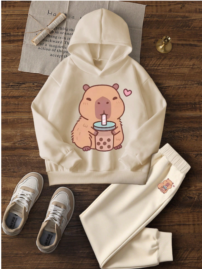 2pcs/Set Girls Cute Guinea Pig Print Thermal Lined Hoodie Sweatshirt & Pants Set, Warm Autumn/Winter Children Outfit - Soft & Comfortable Tween Girl Hooded Sweatshirt To Showcase Their Personalized