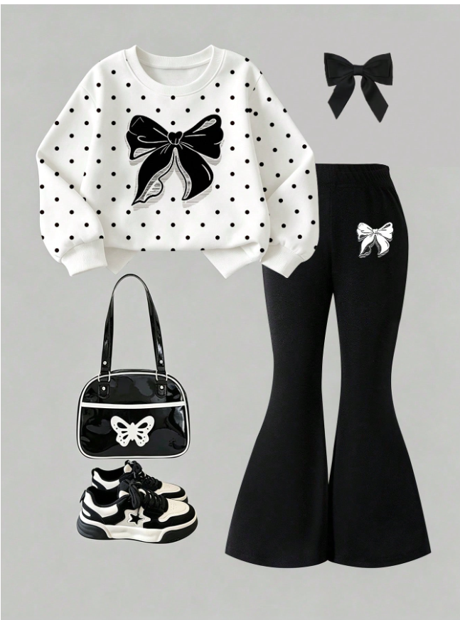 2pcs Young Girl Casual Fashion Polka Dot And Bow Print Crew Neck Pullover Sweatshirt And Matching Flare Pants Set, Suitable For Autumn/Winter