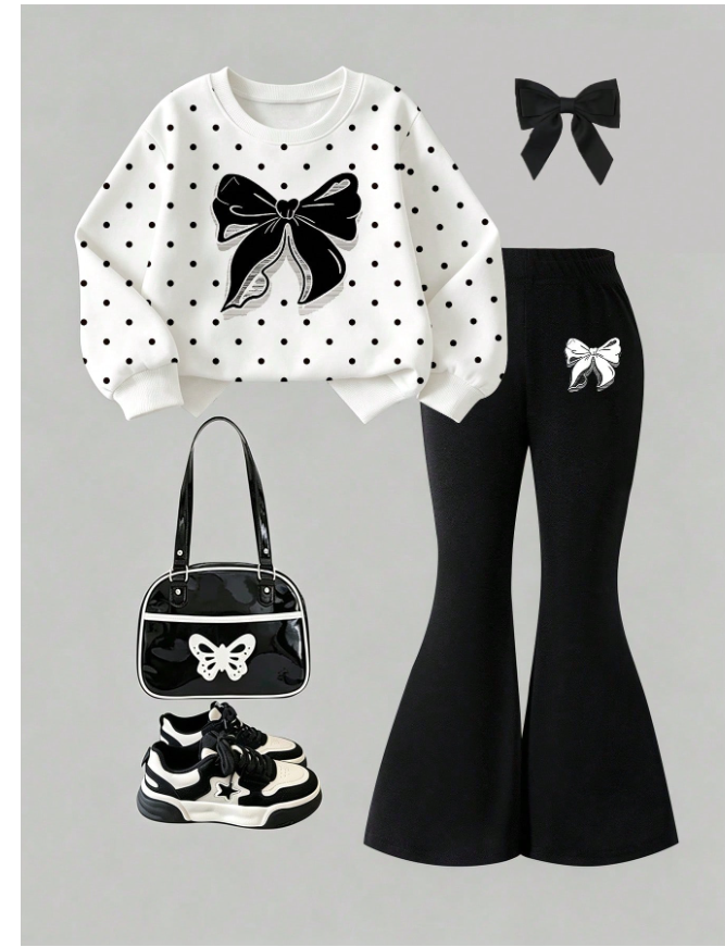2pcs Young Girl Casual Fashion Polka Dot And Bow Print Crew Neck Pullover Sweatshirt And Matching Flare Pants Set, Suitable For Autumn/Winter