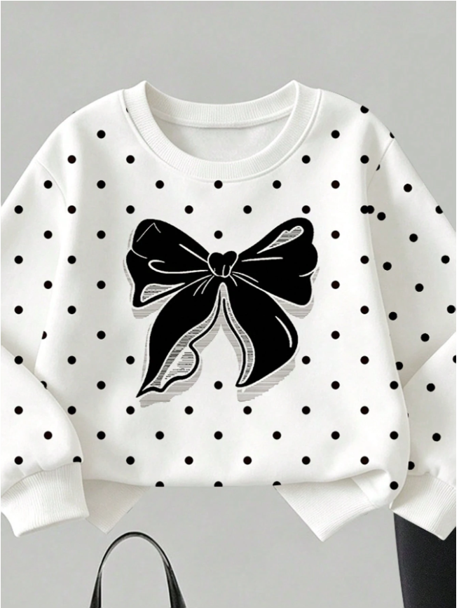 2pcs Young Girl Casual Fashion Polka Dot And Bow Print Crew Neck Pullover Sweatshirt And Matching Flare Pants Set, Suitable For Autumn/Winter