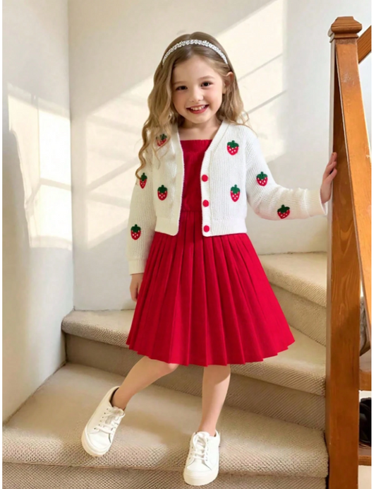 2pcs/Set Girls' Strawberry Decor Cardigan Dress With Button, Sleeveless Elegant Pleated Dress Suitable For Spring Autumn, Fashionable Casual Outfit For Birthday Party, Daily Wear
