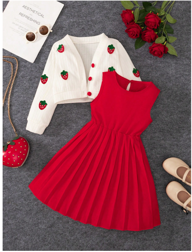 2pcs/Set Girls' Strawberry Decor Cardigan Dress With Button, Sleeveless Elegant Pleated Dress Suitable For Spring Autumn, Fashionable Casual Outfit For Birthday Party, Daily Wear