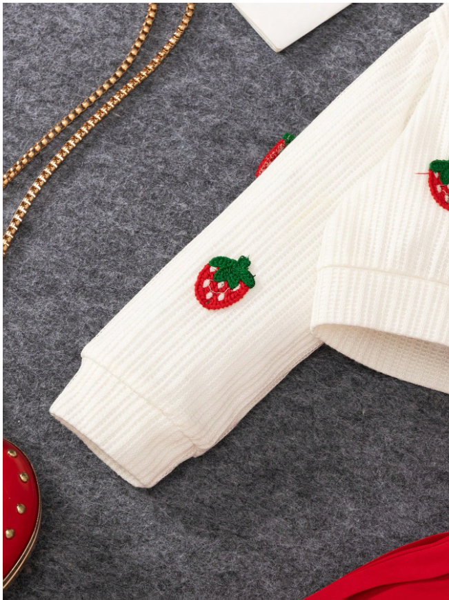 2pcs/Set Girls' Strawberry Decor Cardigan Dress With Button, Sleeveless Elegant Pleated Dress Suitable For Spring Autumn, Fashionable Casual Outfit For Birthday Party, Daily Wear