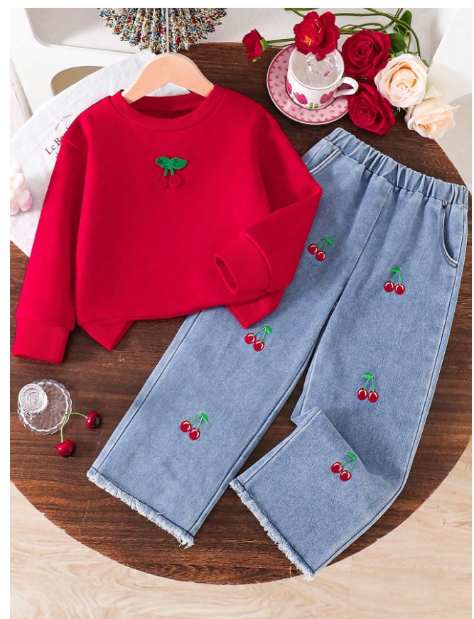 Tween Girl Cherry Print Embroidered Graphic Crew Neck Sweatshirt And Cherry EmbroideredÂ