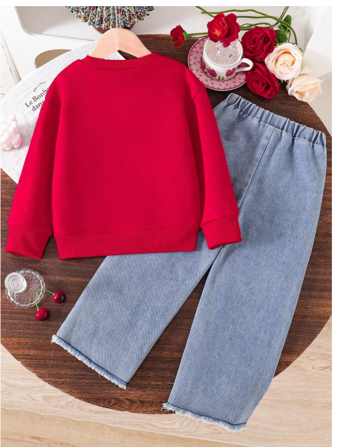 Tween Girl Cherry Print Embroidered Graphic Crew Neck Sweatshirt And Cherry EmbroideredÂ