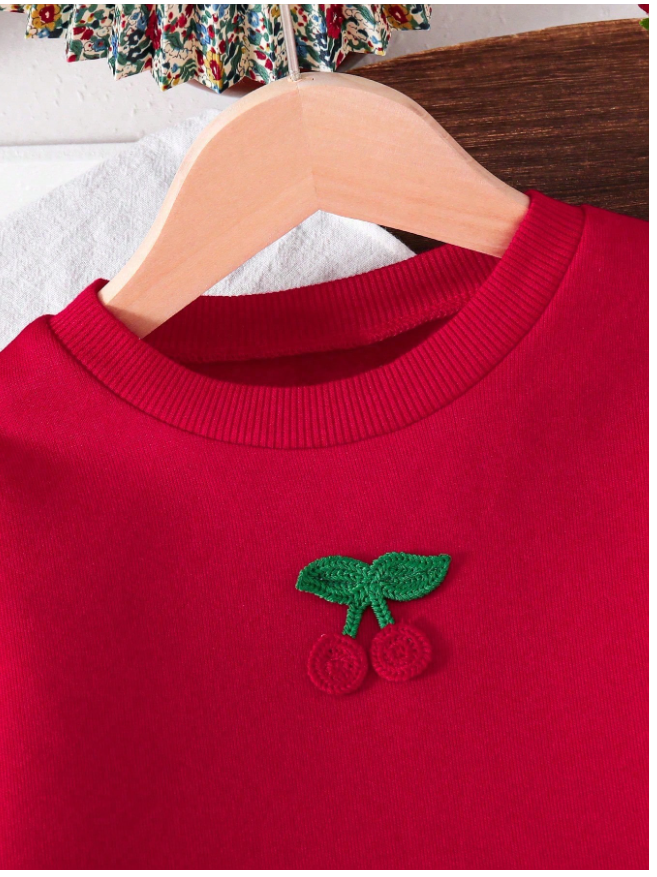 Tween Girl Cherry Print Embroidered Graphic Crew Neck Sweatshirt And Cherry EmbroideredÂ