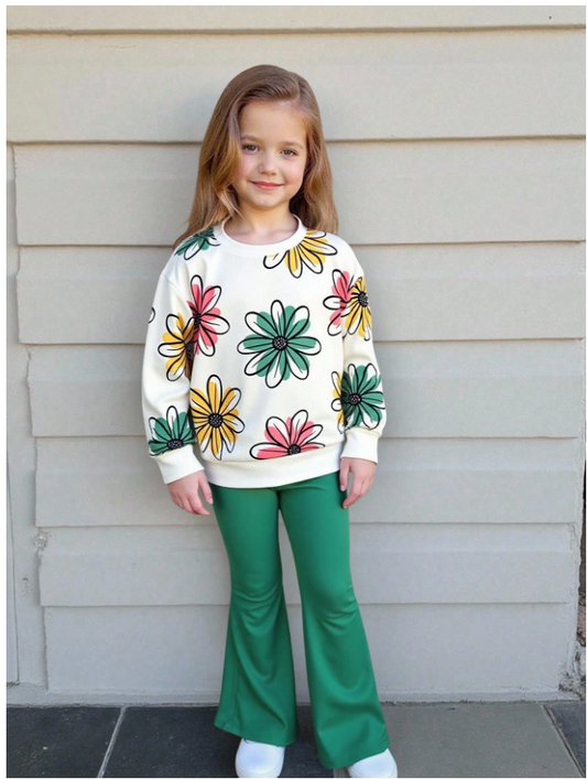 2pcs Young Girls Colorful Floral Print Sweatshirt Top And Green Rib Knit Pants Casual Set, Fashionable For Autumn And Winter