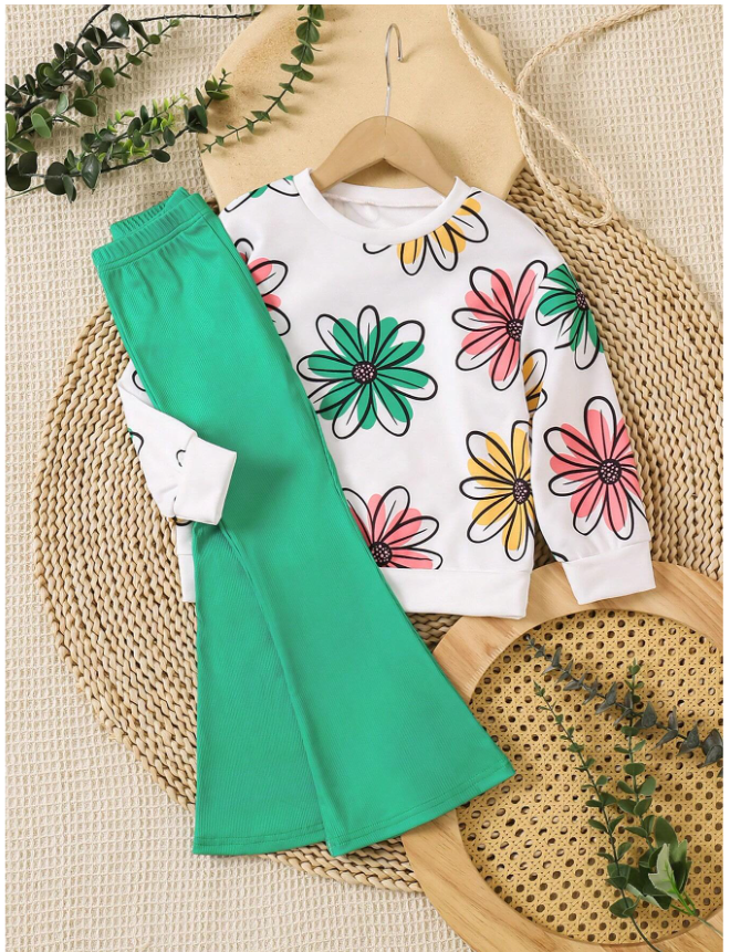 2pcs Young Girls Colorful Floral Print Sweatshirt Top And Green Rib Knit Pants Casual Set, Fashionable For Autumn And Winter
