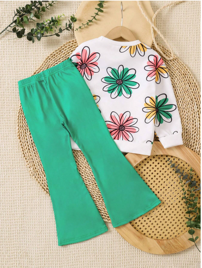 2pcs Young Girls Colorful Floral Print Sweatshirt Top And Green Rib Knit Pants Casual Set, Fashionable For Autumn And Winter