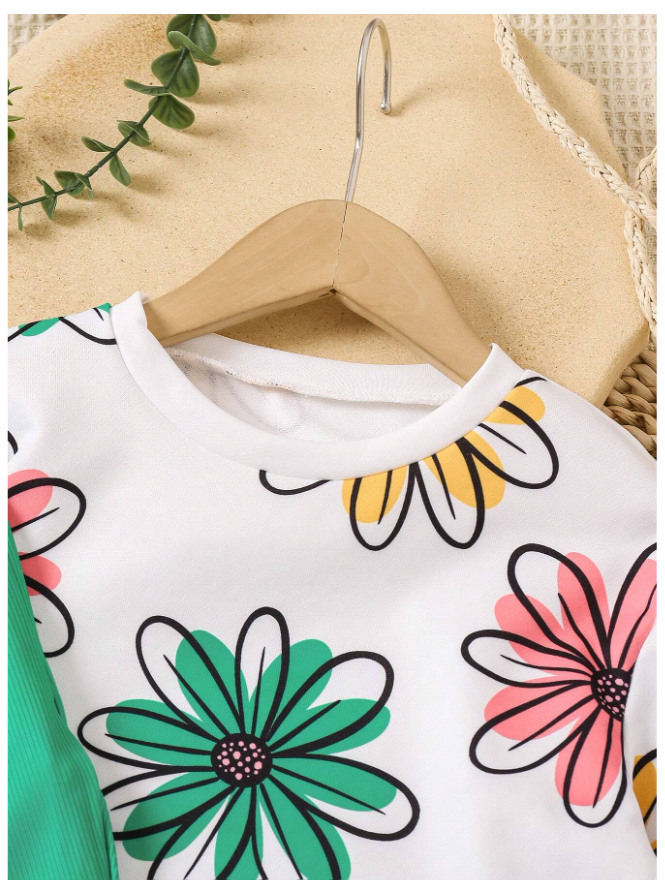 2pcs Young Girls Colorful Floral Print Sweatshirt Top And Green Rib Knit Pants Casual Set, Fashionable For Autumn And Winter