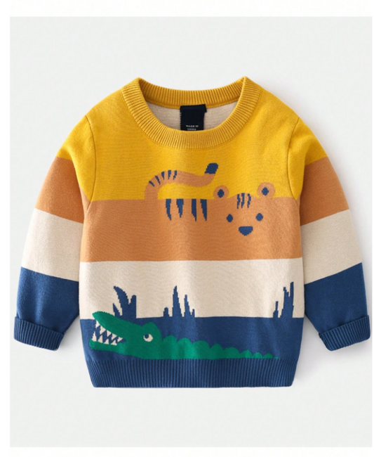 Young Boys Casual Colorblock Cartoon Animal Pattern Knitted Sweater, Autumn/Winter
