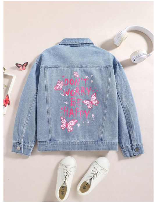 Tween Girl Butterfly & Slogan Graphic Denim Jacket,Holiday,Summer,Travel, School, Campus, College
