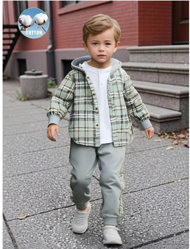 SHEIN 2pcs Young Boy Plaid Hooded Shacket And Sports Pants Set, Spring Autumn Toddler Plaidboys Plaid Jacket