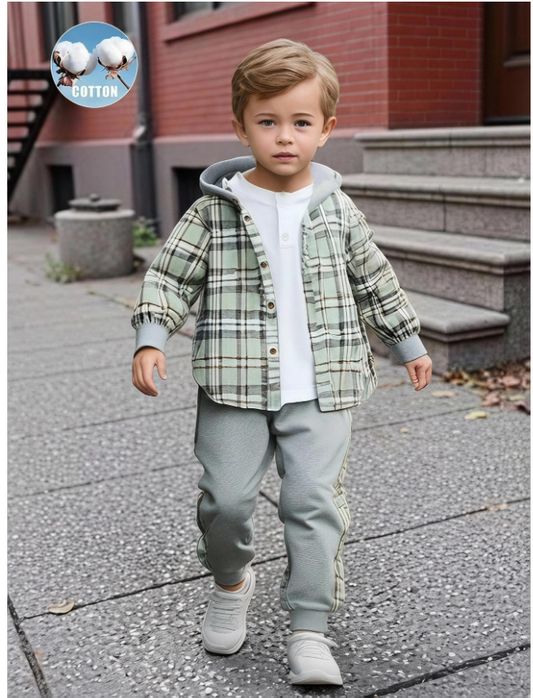 SHEIN 2pcs Young Boy Plaid Hooded Shacket And Sports Pants Set, Spring Autumn Toddler Plaidboys Plaid Jacket