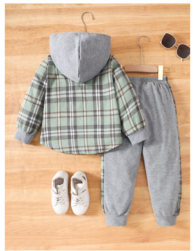 SHEIN 2pcs Young Boy Plaid Hooded Shacket And Sports Pants Set, Spring Autumn Toddler Plaidboys Plaid Jacket