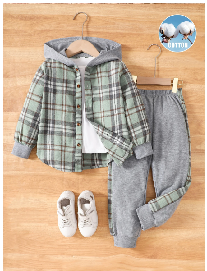 SHEIN 2pcs Young Boy Plaid Hooded Shacket And Sports Pants Set, Spring Autumn Toddler Plaidboys Plaid Jacket