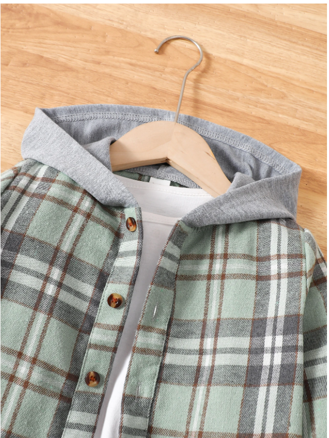 SHEIN 2pcs Young Boy Plaid Hooded Shacket And Sports Pants Set, Spring Autumn Toddler Plaidboys Plaid Jacket