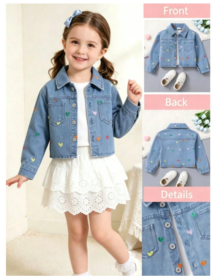 Girls Denim Jacket, Asymmetrical Colorful Heart Embroidery