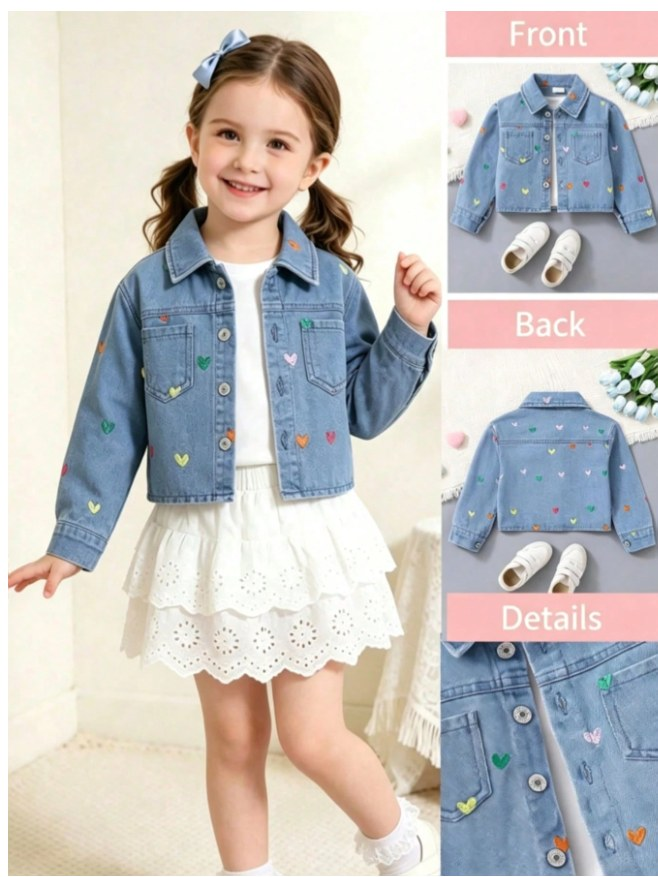 Girls Denim Jacket, Asymmetrical Colorful Heart Embroidery