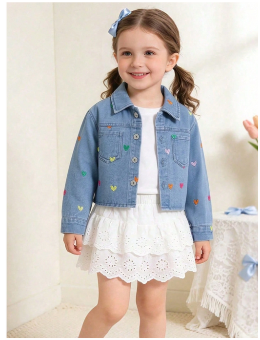 Girls Denim Jacket, Asymmetrical Colorful Heart Embroidery