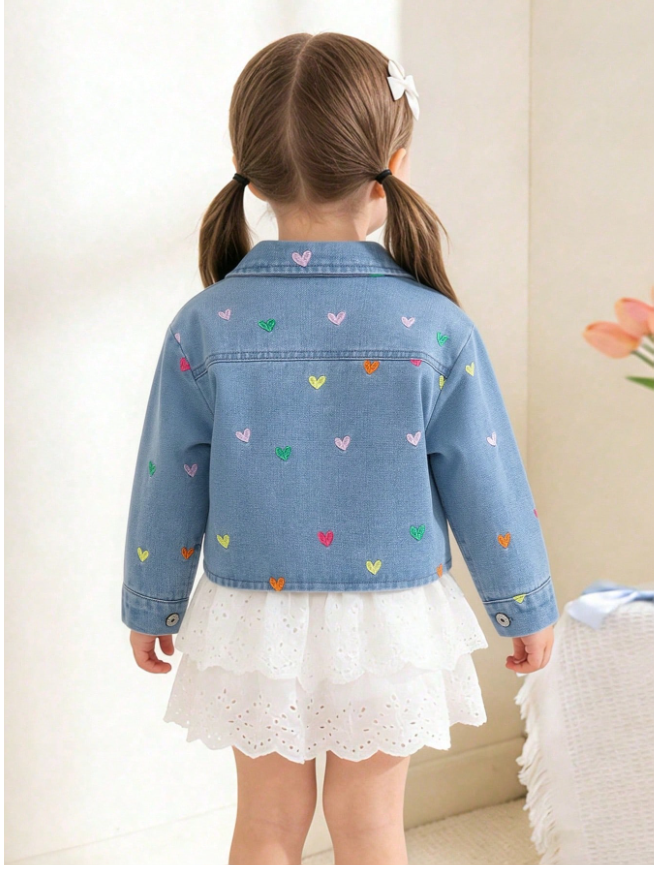 Girls Denim Jacket, Asymmetrical Colorful Heart Embroidery