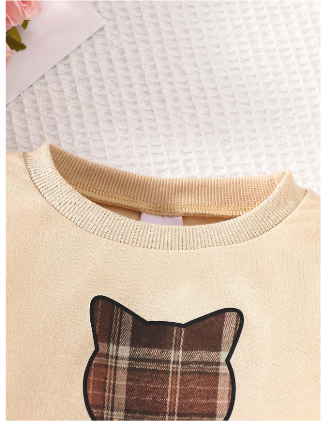 1pc Young Girl Casual "My Cat" Letter Bow Cat Graphic Soft Knit Long Sleeve Sweatshirt Plaid Dress, Autumn/Winter