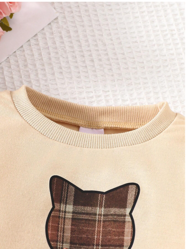 1pc Young Girl Casual "My Cat" Letter Bow Cat Graphic Soft Knit Long Sleeve Sweatshirt Plaid Dress, Autumn/Winter