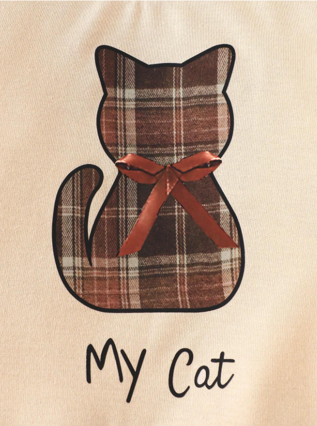 1pc Young Girl Casual "My Cat" Letter Bow Cat Graphic Soft Knit Long Sleeve Sweatshirt Plaid Dress, Autumn/Winter