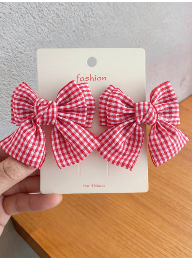 2pcs Girls Simple Versatile Dual-Color Plaid Bow Ponytail Braided Hair Clip With Fringe Bangs, Suitable For Daily Wear And Back To School Season