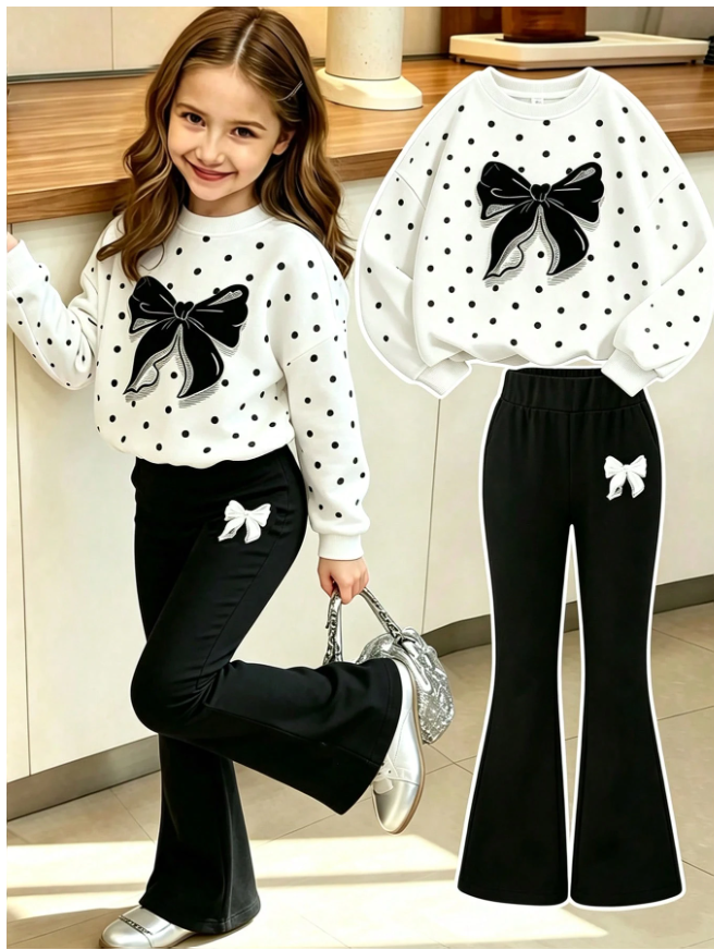 2pcs Young Girl Casual Fashion Polka Dot And Bow Print Crew Neck Pullover Sweatshirt And Matching Flare Pants Set, Suitable For Autumn/Winter