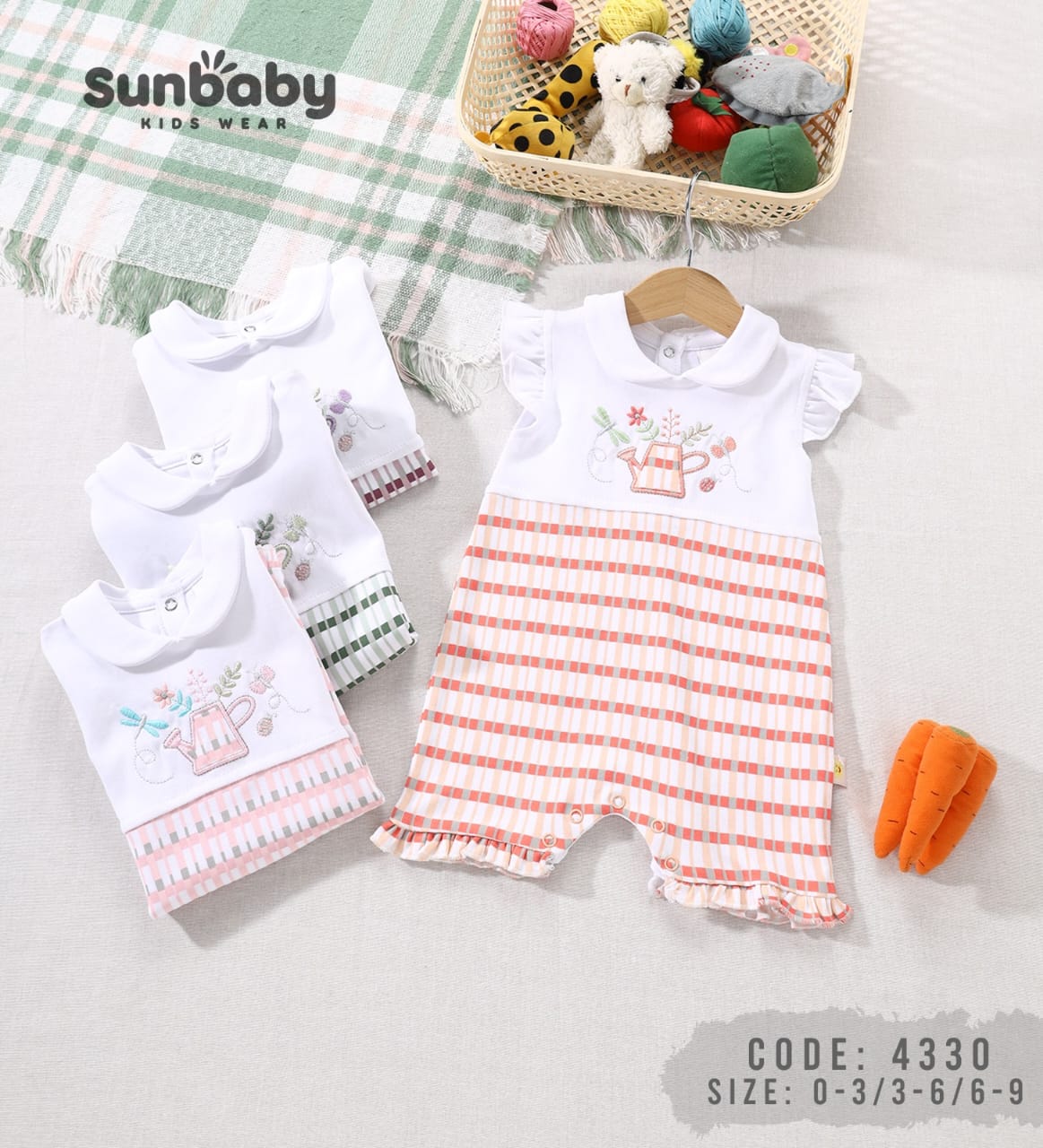 Adorable baby girl sleeveless romper with embroidered floral watering can design