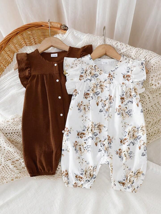 2pcs Baby Girls' Solid Color Vintage Floral Print Ruffle Sleeve Romper