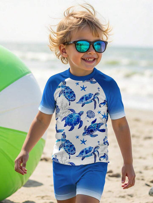 Boy  Neck Short Sleeve T-Shirt And Shorts Swimsuit