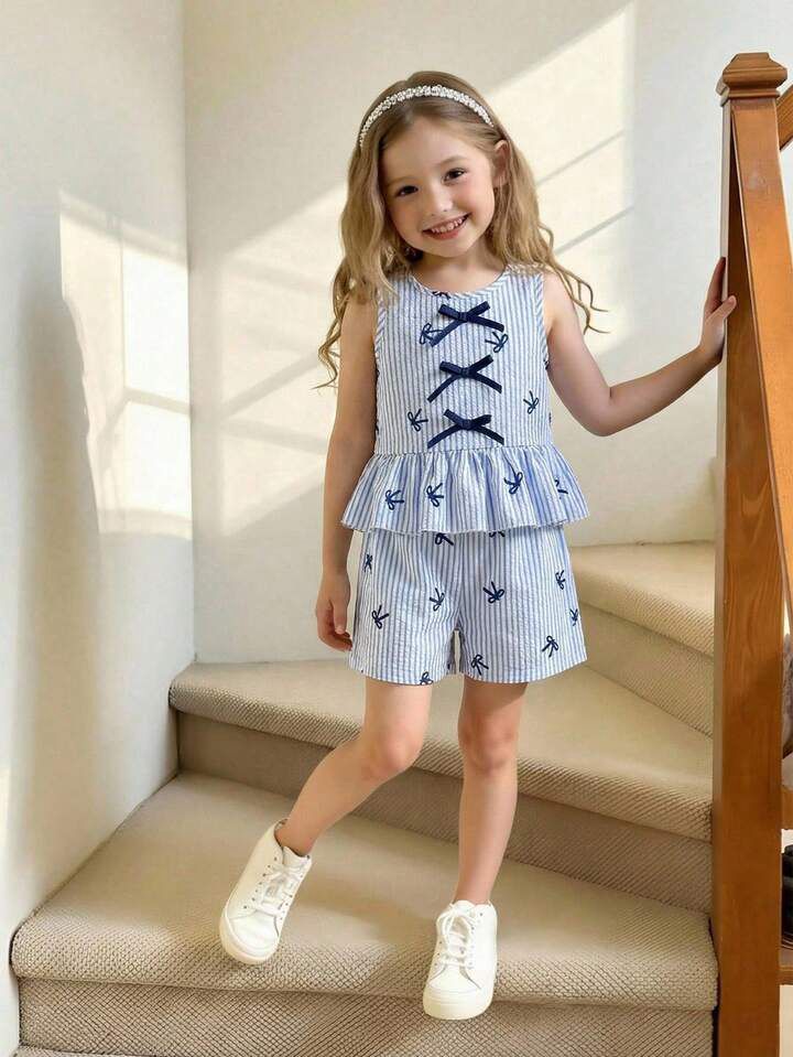 Girl Striped Decor Vest & Shorts Set