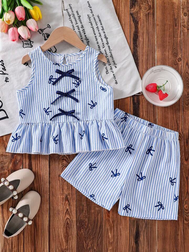 Girl Striped Decor Vest & Shorts Set