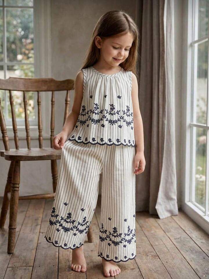 Girl Floral Striped Top And Wide Leg Pants Set